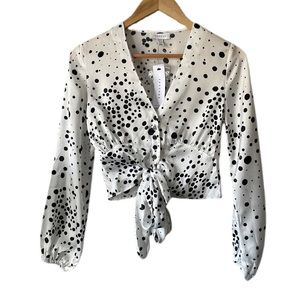 Top Shop V-Neck Dalmation Spot Button Down Front Tie Cropped Blouse